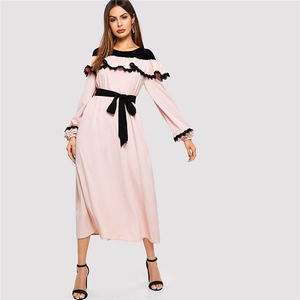 Abaya Pink Lace Applique Ruffle Embellished Belted Maxi Dress