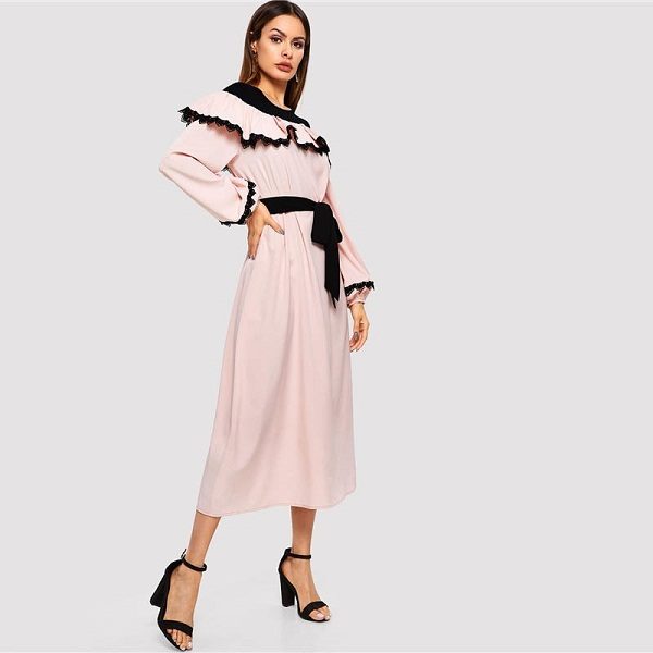 Abaya Pink Lace Applique Ruffle Embellished Belted Maxi Dress - Image 3