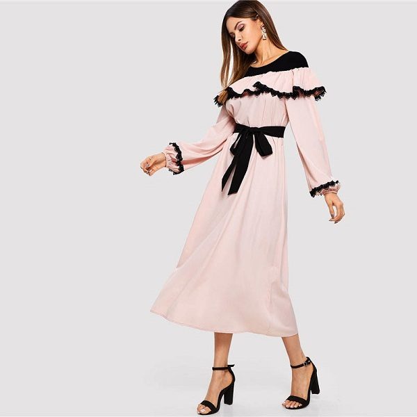 Abaya Pink Lace Applique Ruffle Embellished Belted Maxi Dress - Image 4