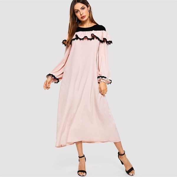 Abaya Pink Lace Applique Ruffle Embellished Belted Maxi Dress - Image 6