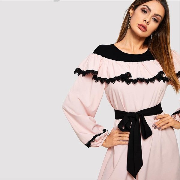 Abaya Pink Lace Applique Ruffle Embellished Belted Maxi Dress - Image 2