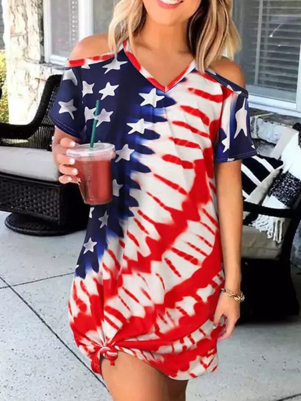 American Flag Star Cold Shoulder Mini Dress V-Neck Straight Short Sleeve Dress Vestidos Robe