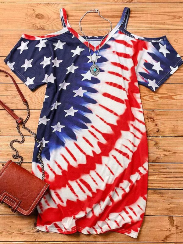 American Flag Star Cold Shoulder Mini Dress V-Neck Straight Short Sleeve Dress Vestidos Robe - Image 3