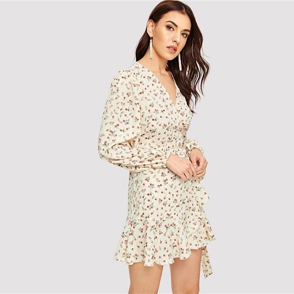 Floral Print Wrap Belted Ruffle Hem Mini Dress - Image 3