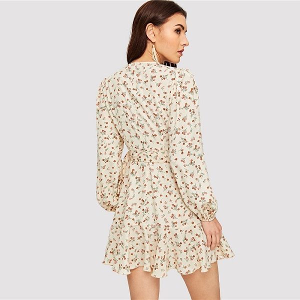 Floral Print Wrap Belted Ruffle Hem Mini Dress - Image 4