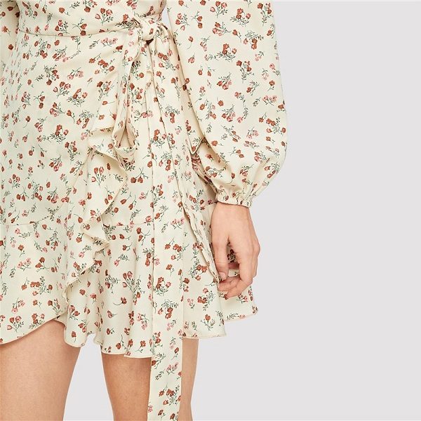 Floral Print Wrap Belted Ruffle Hem Mini Dress - Image 5