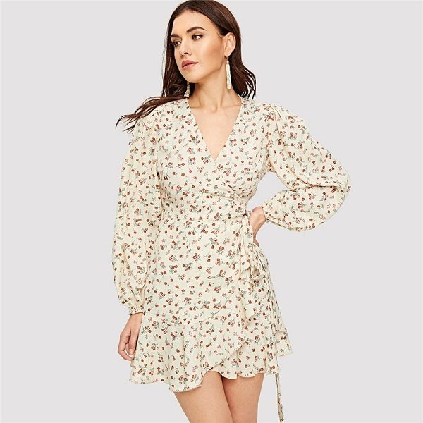 Floral Print Wrap Belted Ruffle Hem Mini Dress - Image 2