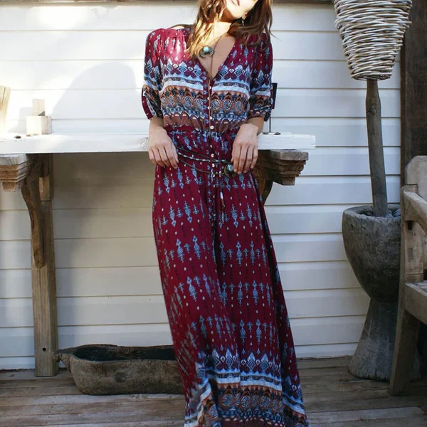 Bohemia V-neck Three Quarter Sleeve Floral Print Ethnic Beach Boho Retro Hippie Vestidos