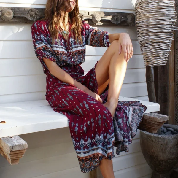 Bohemia V-neck Three Quarter Sleeve Floral Print Ethnic Beach Boho Retro Hippie Vestidos - Image 2