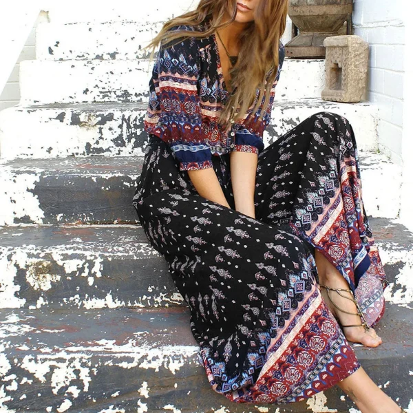 Bohemia V-neck Three Quarter Sleeve Floral Print Ethnic Beach Boho Retro Hippie Vestidos - Image 3
