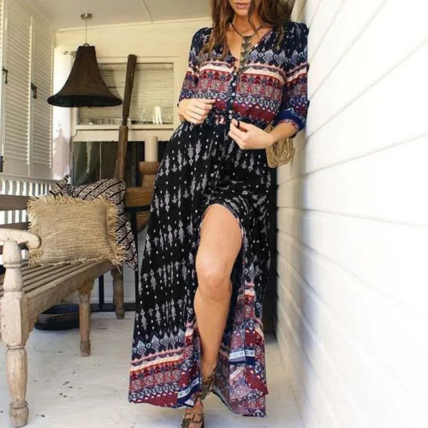 Bohemia V-neck Three Quarter Sleeve Floral Print Ethnic Beach Boho Retro Hippie Vestidos - Image 4