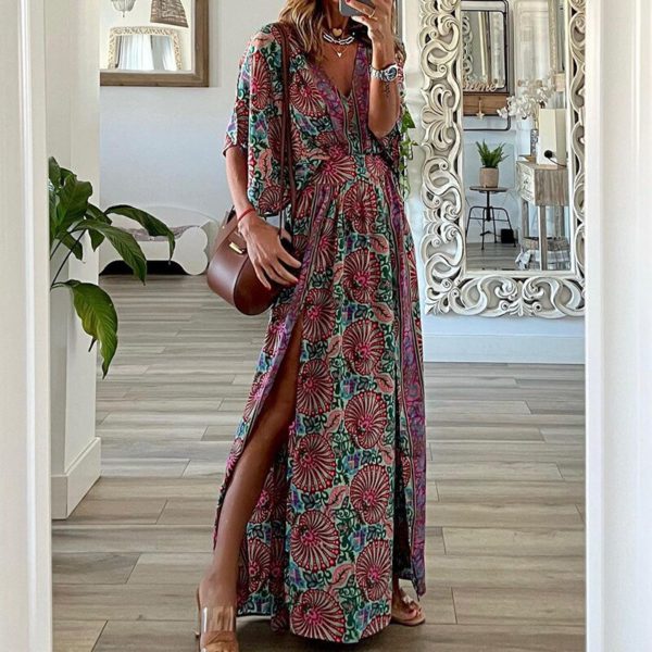 Bohemian Lady Party Dresses Female Long Dresses Autumn Summer Fashion V Neck Split Slim Dresses Casual Elegant Printed - Image 2
