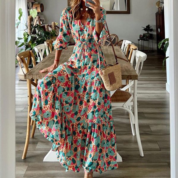 Bohemian Lady Party Dresses Female Long Dresses Autumn Summer Fashion V Neck Split Slim Dresses Casual Elegant Printed