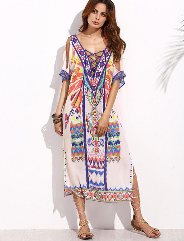 Boho Chiffon Short Sleeve Slit Long Dresses