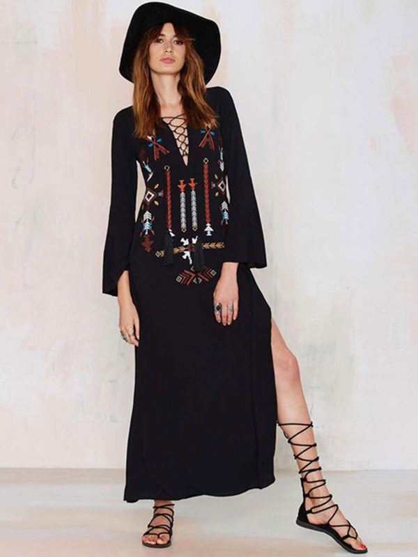 Boho Dress V Neck 3/4 Length Sleeve Embroidered Lace Up Slit Long Dress For Women