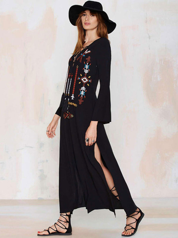 Boho Dress V Neck 3/4 Length Sleeve Embroidered Lace Up Slit Long Dress For Women - Image 6