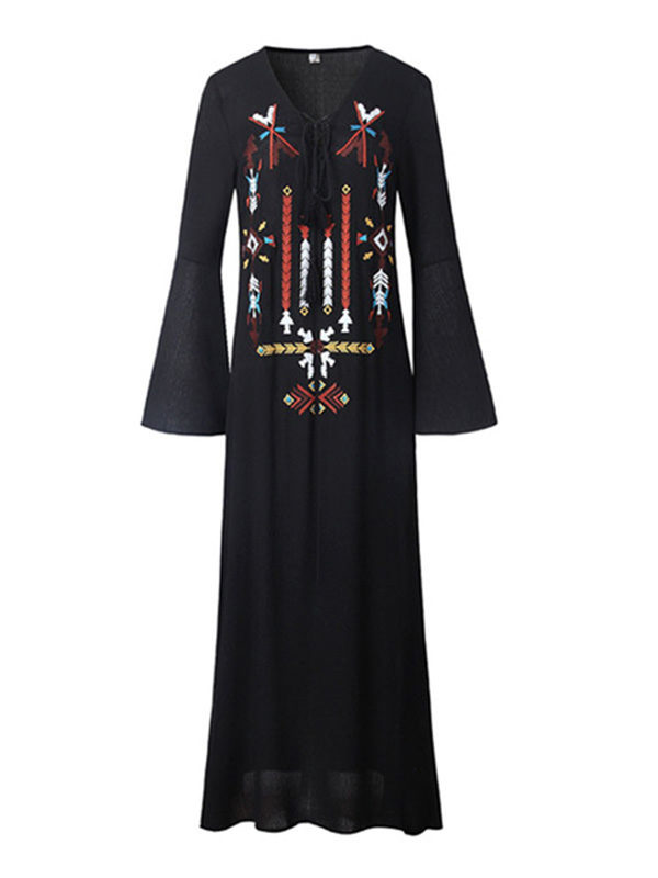 Boho Dress V Neck 3/4 Length Sleeve Embroidered Lace Up Slit Long Dress For Women - Image 5
