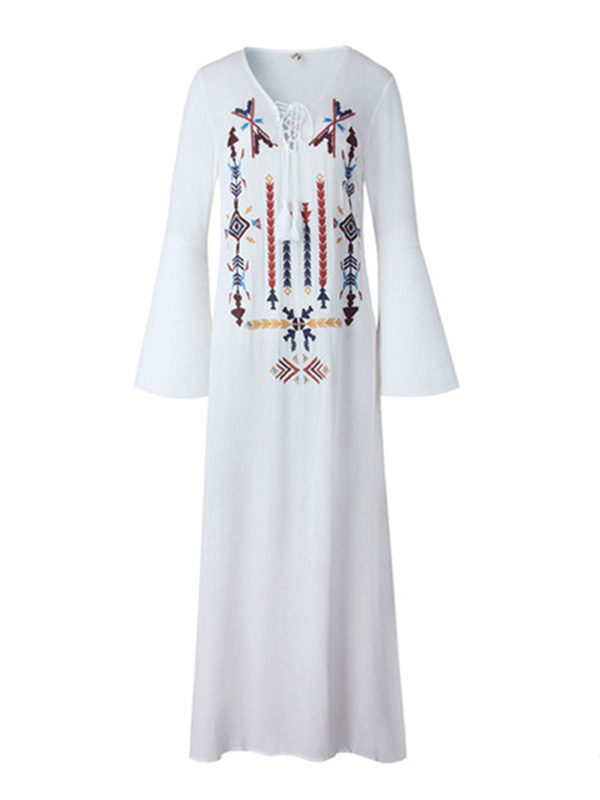 Boho Dress V Neck 3/4 Length Sleeve Embroidered Lace Up Slit Long Dress For Women - Image 4
