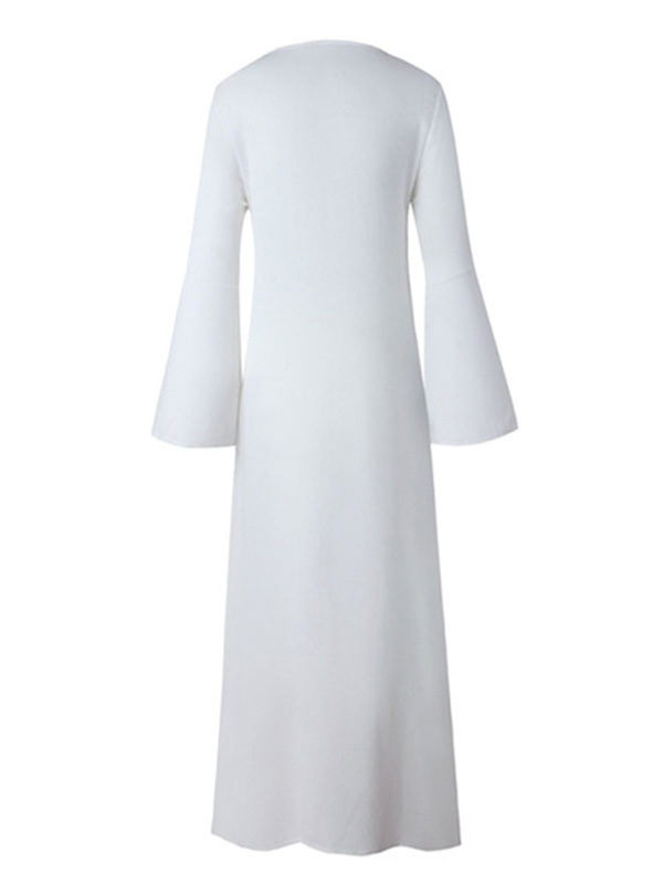 Boho Dress V Neck 3/4 Length Sleeve Embroidered Lace Up Slit Long Dress For Women - Image 3