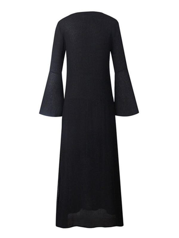 Boho Dress V Neck 3/4 Length Sleeve Embroidered Lace Up Slit Long Dress For Women - Image 2