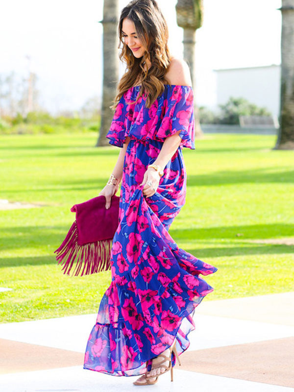 Boho V Neck Half Sleeve High Slit Maxi Dresses - Image 2