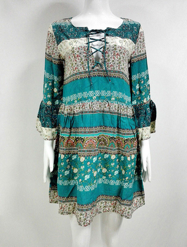 Boho Short Dress Green Round Neck 3/4 Length Bell Sleeve Lace Up Printed A Line Cotton Dress - Image 3