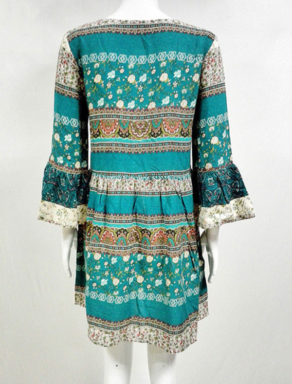 Boho Short Dress Green Round Neck 3/4 Length Bell Sleeve Lace Up Printed A Line Cotton Dress - Image 2