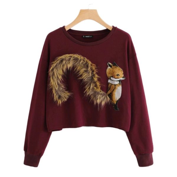 Burgundy Round Neck Faux Fur Sweat shirt - Image 4