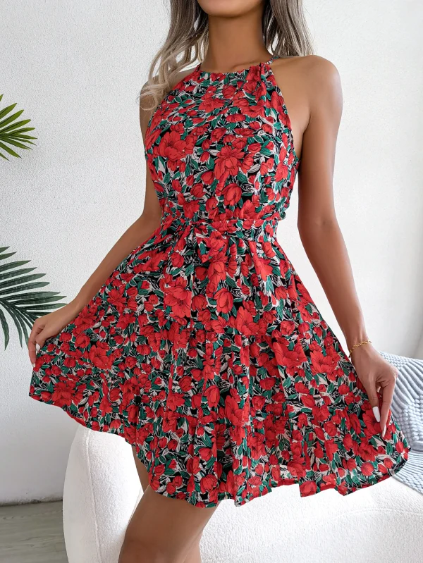 Casual Halter Ruffle Hem Sleeveless A-line Floral Print Dress - Image 2