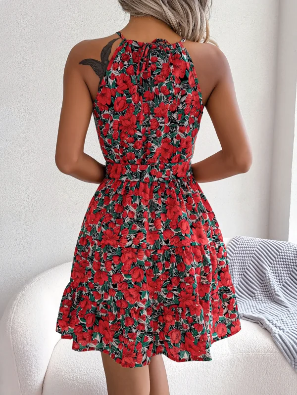 Casual Halter Ruffle Hem Sleeveless A-line Floral Print Dress - Image 3