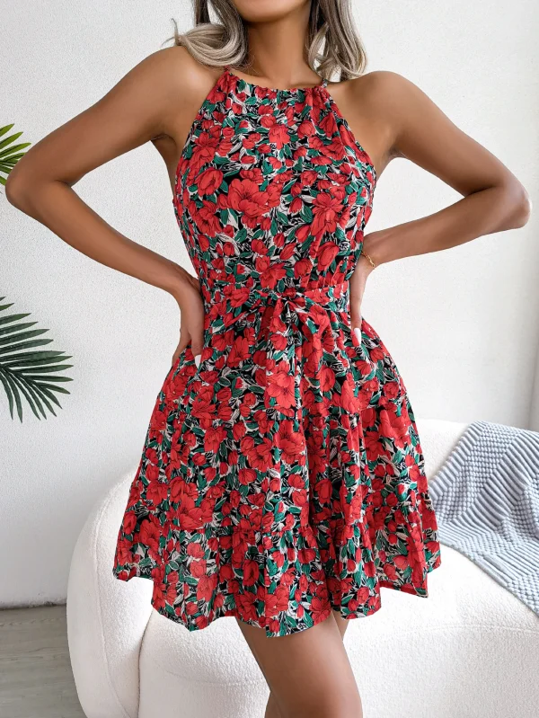 Casual Halter Ruffle Hem Sleeveless A-line Floral Print Dress - Image 4