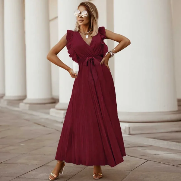 Casual V-neck Sleeveless Pleated Floor-Length Dress in with Belt - Image 11