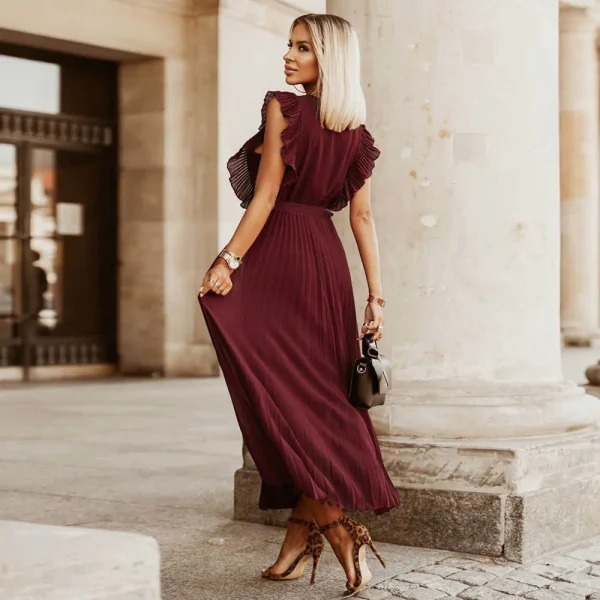 Casual V-neck Sleeveless Pleated Floor-Length Dress in with Belt - Image 12