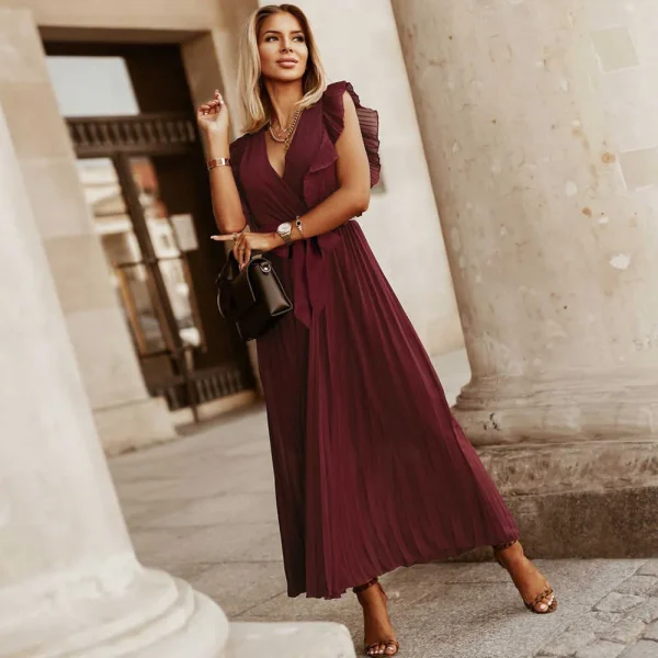 Casual V-neck Sleeveless Pleated Floor-Length Dress in with Belt - Image 13