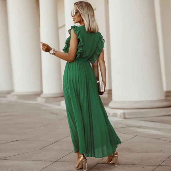 Casual V-neck Sleeveless Pleated Floor-Length Dress in with Belt - Image 2