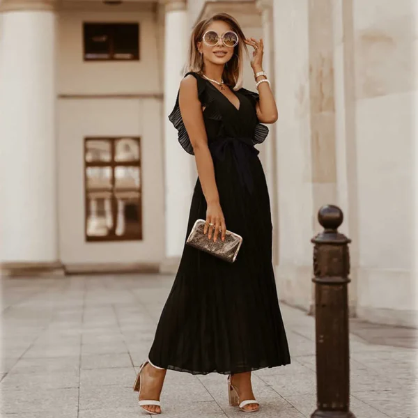 Casual V-neck Sleeveless Pleated Floor-Length Dress in with Belt - Image 3