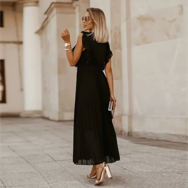 Casual V-neck Sleeveless Pleated Floor-Length Dress in with Belt - Image 4