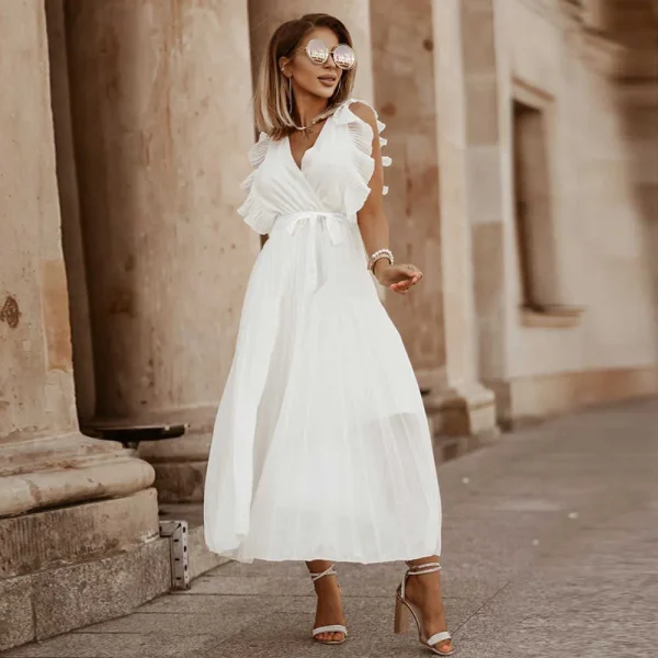 Casual V-neck Sleeveless Pleated Floor-Length Dress in with Belt - Image 5