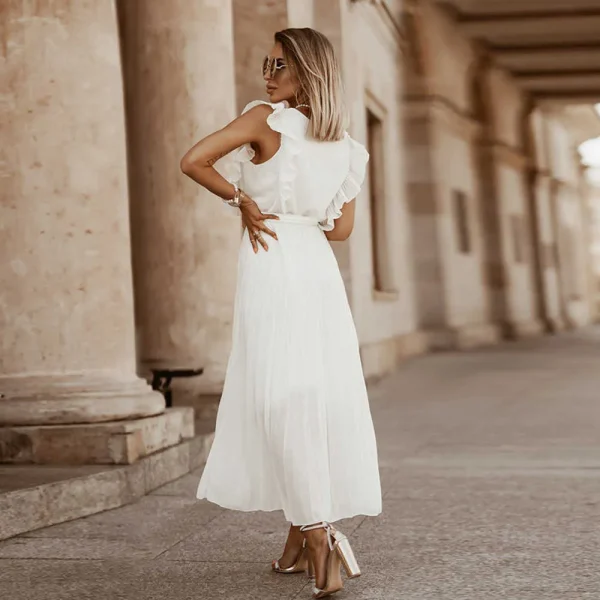 Casual V-neck Sleeveless Pleated Floor-Length Dress in with Belt - Image 6