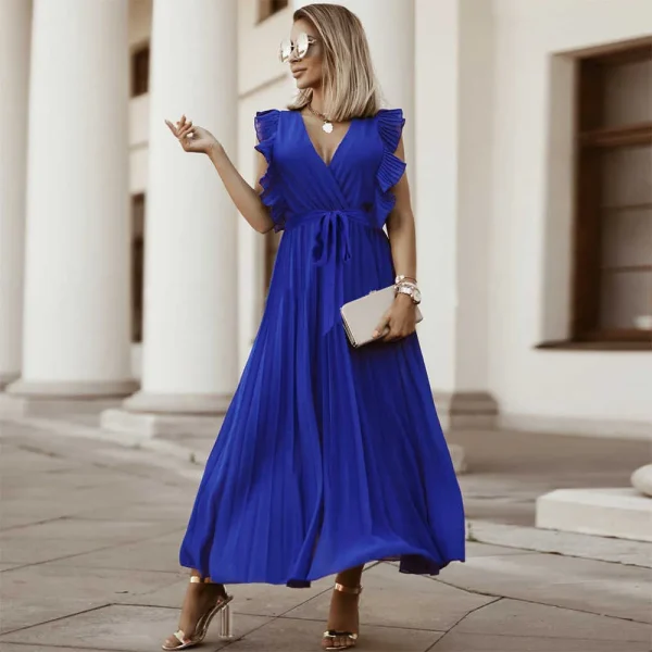 Casual V-neck Sleeveless Pleated Floor-Length Dress in with Belt - Image 7