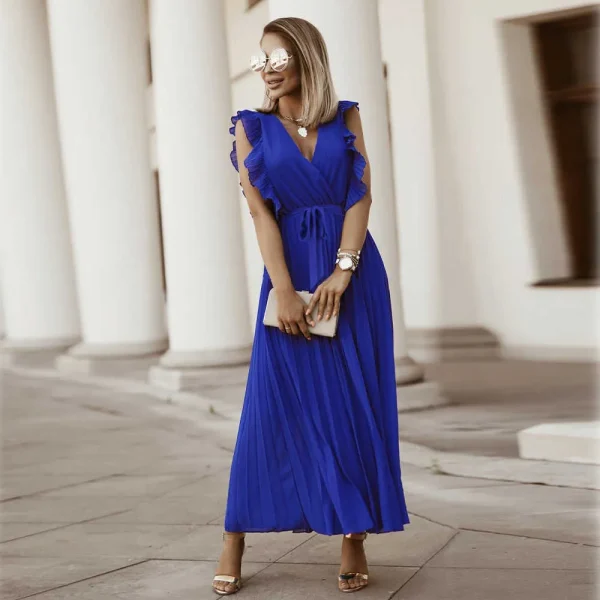 Casual V-neck Sleeveless Pleated Floor-Length Dress in with Belt - Image 8