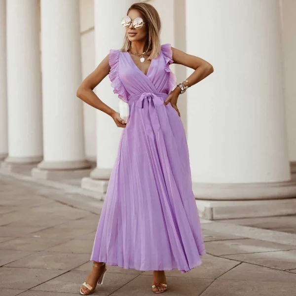 Casual V-neck Sleeveless Pleated Floor-Length Dress in with Belt - Image 9