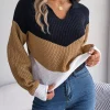 Color Contrast Casual Knitted Long Sleeve V-neck Pullovers Loose In Knitwears
