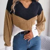 Color Contrast Casual Knitted Long Sleeve V-neck Pullovers Loose In Knitwears - Image 2