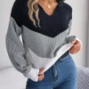 Color Contrast Casual Knitted Long Sleeve V-neck Pullovers Loose In Knitwears - Image 4