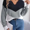 Color Contrast Casual Knitted Long Sleeve V-neck Pullovers Loose In Knitwears - Image 5