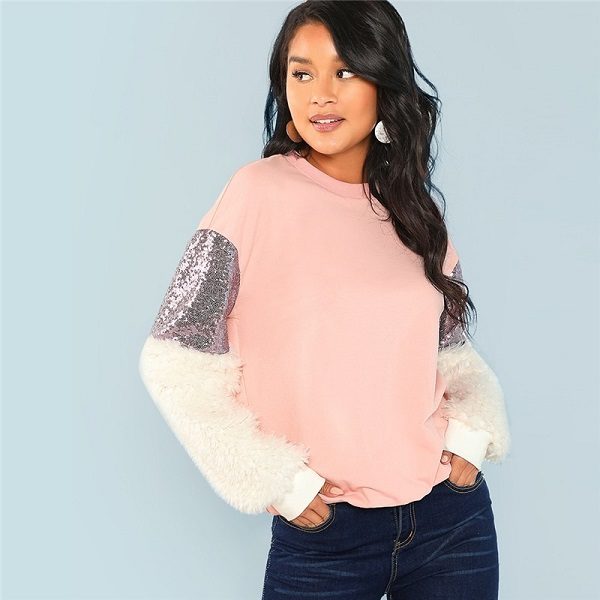 Contrast Faux Fur Sleeve Colorblock Sweatshirt 2018 Autumn Women Sweatshirts