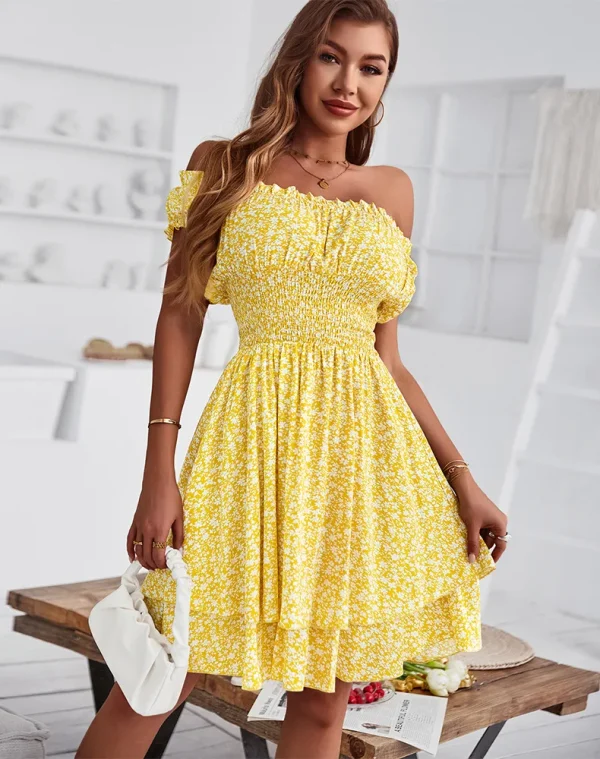 Cotton Print Short Sleeve Floral Off The Shoulder Dresses - Image 7