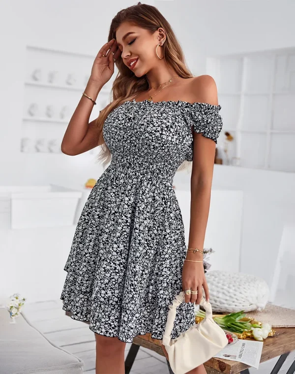Cotton Print Short Sleeve Floral Off The Shoulder Dresses