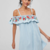 Embroidered Cold Shoulder Denim Dress